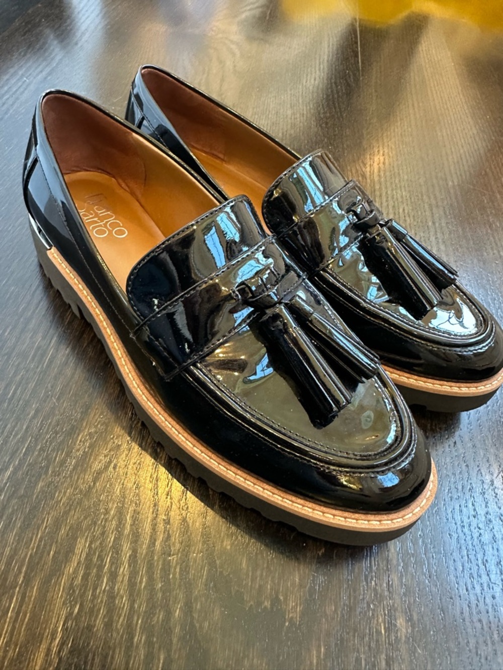 Franco Sarto Carolynn Tassel Loafer Black Patent Leather Contrast Welt size 8W